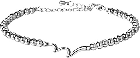 JewelryWe Bracelet Femme Perles Argentées: Bracelet en Acier Inoxydable avec Perles et Vague, Réglable Confort, Symbole Amitié Éternelle,Style Minimaliste Cadeau Anniversaire Noël Saint-Valentin
