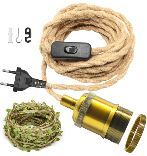 ZRLXFM Hanfseil Pendelleuchte mit Schalter, Vintage Hangelampe mit Stecker, Kupferfarben E27 Lampenfassung mit 5M Kabel Mit einer 5M langen grünen Blattdekoration