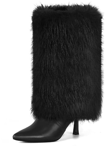 QLR 3.3-inch Kitten Heel Mid Calf Fur Boots Furry Fuzzy Fluffy Pointed Toe Boots for Women Short Boot with Side Zipper Fall Winter Snow Fold Over