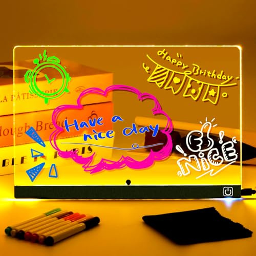 LED Zeichentafel UPGRADE mit Ein/Aus-Schalter, Super Leicht zu Reinigen & Upgradierter Ständer - Transparente Acryl Maltafel mit 7 Neon-Stiften, 30x20cm, Kreatives Geschenk für Kinder