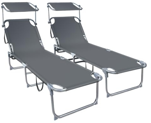vounot® Lot de 2 Chaise Longue Bain de Soleil avec Pare Soleil Transat Pliable avec Parasol Bain de Soleil Inclinable en Polyester Charge Max 120KG Chaise Longue Réglable Gris