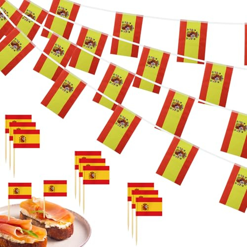 Lunhoo Juego de decoración de bandera española, banderines de tela de 10 m y 100 palillos de dientes de banderas españolas, adornos para tartas, para copa del mundo, eventos culturales españoles