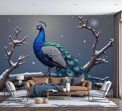 Schneeflocken Baumzweige Pfau Seide Fototapete 200x140cm, Realistische Tiermalerei 3D Effekt Wandbilder Wand Dekoration Für Wohnzimmer Schlafzimmer TV Hintergrund, Blau