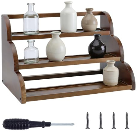 NBEADS Wooden Spice Rack for Countertop, 3-Tier Pine Wood Coconut Brown Kitchen Storage Organizer Spice Jar Holder for Seasoning Bottles Jars, 39x24x24cm