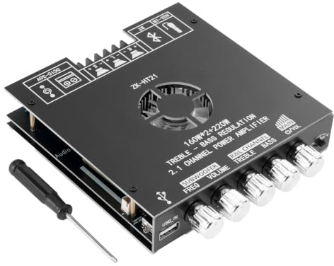 ZK-HT21 Amplificateur HiFi avec Bluetooth Mini amplificateur Audio stéréo 2.1 canaux 160W x 2 + 220 W Mini Module amplificateur stéréo TDA7498E Puce avec TB, USB, AUX, DC 15-36 V pour Haut-parleurs