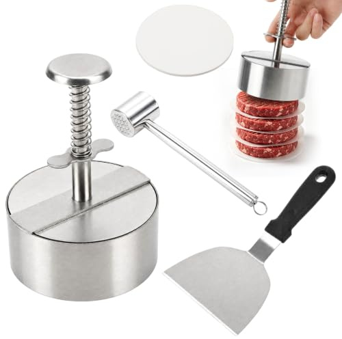 304 Stainless Steel Burger Press & Meat Tenderiser Set with Burger Spatula | with 100 Burger Papers, Sturdy Non-Stick Patty Mould, Suitable for Burgers, Beef, Vegetables, Barbecue & Cooking