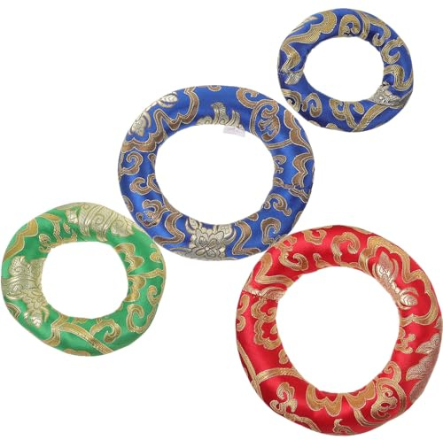 Klangschalenring 4 Stück-pack, Ringförmige Unterlage aus Baumwolltuch | Tibetische Klangschale und Sing Bowl, Meditation und Yoga, Elegantes Stickmuster Zufällige Farbe