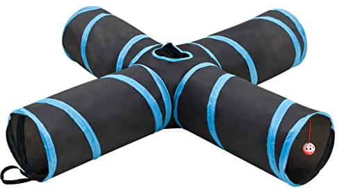 Ordellia Kattunnel, 4-vägs svart, blå av polyester och stål, 132 cm vikbar med bärväska, titthål, sprasterpapper och lekboll för katter, valpar, kanin, hamstrar, illrar inomhus utomhus