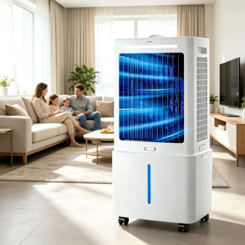 Climatizzatore portatile 3-in-1 con serbatoio da 25L; silenzioso (35dB), 3 velocità, oscillazione a 120°, serbatoio rimovibile con siberini e ruote per facile spostamento; per casa e ufficio