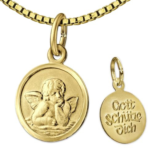 CLEVER SCHMUCK set gyllene berlock mini ängel rund Ø 10 mm inre matt kant glänsande baksida guds huvud 333 guld 8 karat med förgylld kedja Venezia 40 cm