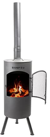 BonFeu BonTino LP Schwarz - Terrassenofen - Feuerstelle mit Funkenschutz für entspannte Abende - Feuersäule Outdoor - Terrassenkamin mit Grillrost - Gartenofen hochwertigem Cortenstahl - 35x35x153cm