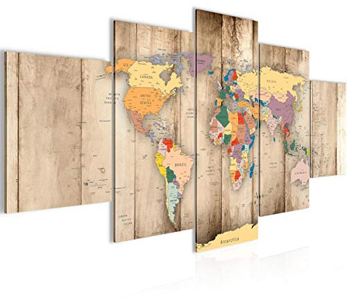 Runa Art - Quadri Mappa Del Mondo Legna 200 x 100 cm 5 Pezzi XXL Decorazione Murale Design Curvatura 108751a