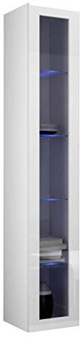 Hängevitrine Vigo Glas 180, Vitrine mit Glasböden, Vitrinenschrank, Farbauswahl, Stauraumvitrine Hochschrank, Wohnzimmer Highboard, Schrank (mit RGB LED Beleuchtung, Weiß/Weiß Hochglanz)
