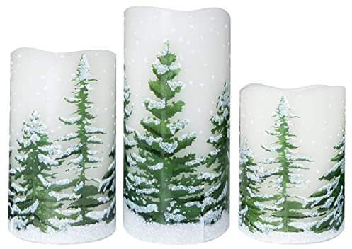 Eldnacele Green Tree Christmas Flameless Flickering Candles with 6H Timer, Battery Operated LED Candles Real Wax Decals Pack 3 Pillars Candles Gift Set 3 x 4/5/6 Inches