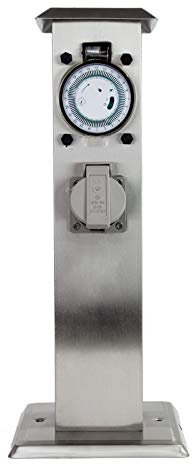 Grafner Edelstahl Design Gartensteckdose mit Zeitschaltuhr 2 Steckdosen, silber, KEIN ROST – Klarlack Beschichtung, klein und schmal, Energiesäule Timer Mehrfach Metall Außen Steckdose 2-Fach