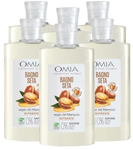 Omia, Bagnoseta Erboristico All'Olio di Argan, Bagnoschiuma per Pelli Aride e Irritabili - Dermatologicamente Testato, Senza SLS e SLES - Confezion e da 6 Pezzi da 400 ml
