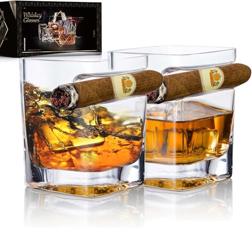 NEW PACIFIC YOUYAH Zigarren Whiskygläser, Zigarrenhalter 2er-Set,Zigarren-Zubehör,Kristall-Whisky-Glas-Set mit Zigarrenablage, Rocks-Glas,für Cocktails,Scotch,Bourbon,Geschenke für Männer(280ml)