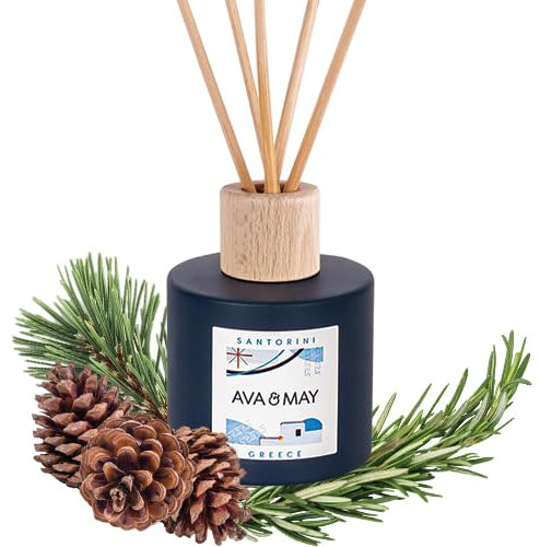 AVA & MAY Santorini Diffuser (100 ml) – vegane Duftstäbchen aus Rattan mit Duft für ca. 4 Wochen – mit hochwertigem Duftöl aus Rosmarin, Tonkabohne und Zeder