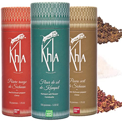 Khla - Confezione Regalo Trio Mekong - Pepe di Sichuan in Grani e Fiore di Sale di Kampot - Grands Crus - Set Regalo Cucina - Pepe Verde Rosso - 150g e 2x 50g - Spezie Asiatiche Cina Mondo Pepe