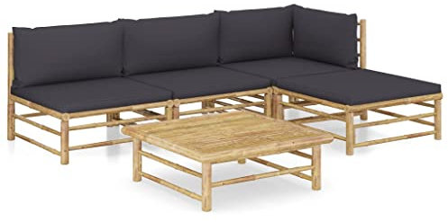 vidaXL Loungegrupp för trädgården med mörkgrå dynor 5 delar bambu