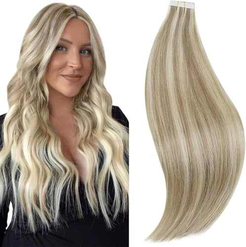 RUNATURE Echthaar Tape Extensions Highlight Braun Blond 40cm 20pcs 50g #8P60 glatt