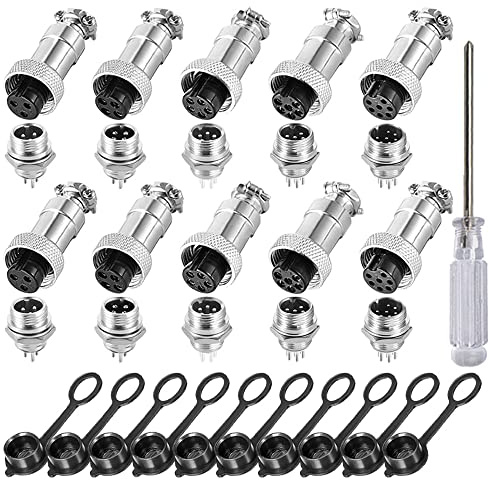 Aiqeer 10 Pezzi GX12 Connettore Aviazione, 12 mm Connettore Aviazione Metallo, 5A Connettore Aviazione Maschio Femmina, con Cappuccio in Gomma (3 Pin/4 Pin/5 Pin/6 Pin/7 Pin)
