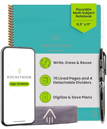 Rocketbook Multi-Subject Smart Notebook | Scannable Notebook mit Dividers | Lined Reusable Notebook mit 1 Pilot Frixion Pen & 1 Microfiber Cloth | Teal, Letter Size (8.5 x 11)