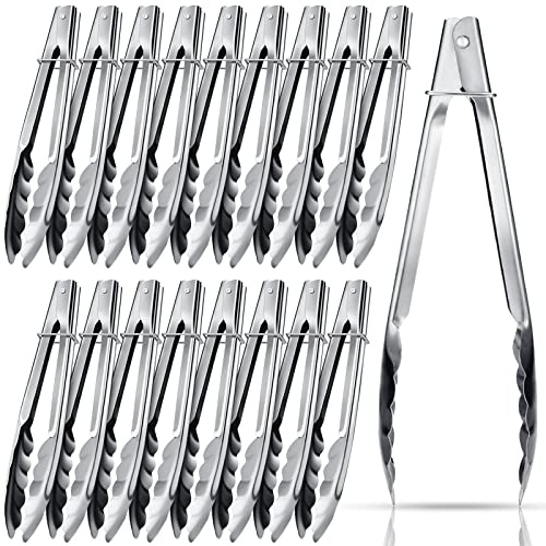 Chengu 18 Pieces Stainless Steel Kitchen Cooking Tongs Set with Sliding Rings 7 Inch Metal Small Clam Shell Cooking Tongs Non Slip for Salad Grilling Barbecue