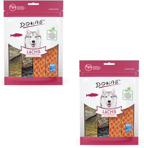 Dokas Strisce di Salmone | Confezione Doppia | 2 x 100 g | Snack per cani di tutte le età | Ingredienti di alta qualità possono rendere questo snack un piacere speciale | Come ricompensa