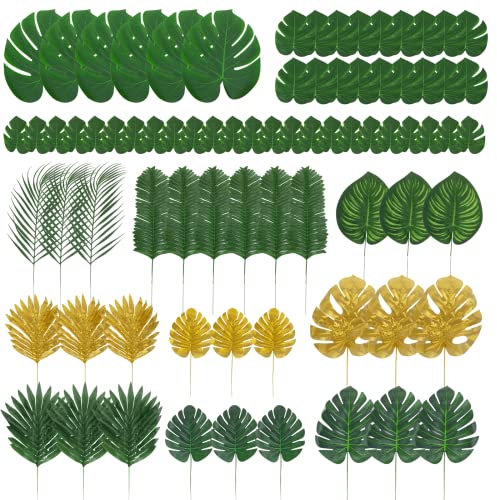 BillyBath 78 Hojas de Palmera Artificiales 12 Tipos con Tallos, Usadas para Temas de la Selva, Fiestas Hawaianas, Cumpleaños, Arreglos Florales