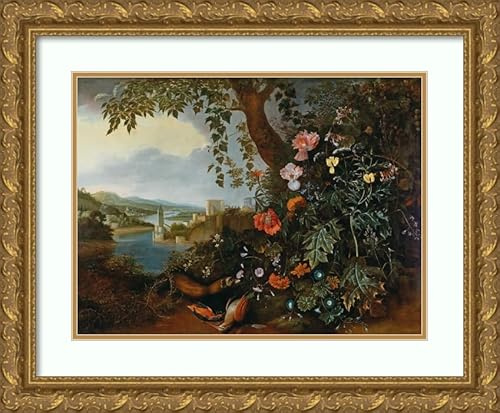 ArtDirect Matthias Withoos 18x14 Gold Ornate Frame and Double Matted Museum Art Print Titled - A Landscape with Flowers and a Marten and Bird Trap