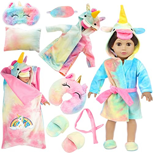 XFEYUE American 18 inch Doll Clothes and Sleeping Bag Set - Rainbow Unicorn Doll Costume with Unicorn Style Sleeping Bag, Pillow, Eye Mask Slumber Party Accessories Fits 18 Inch (NO Dolls)