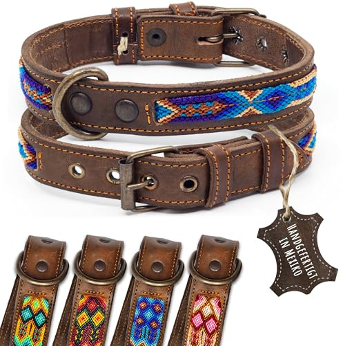 ALTEZAR Läderhalsband hund – dubbel tribal broderad blå brun – högkvalitativt bearbetat hundhalsband läder – handgjort i Mexiko – storlek S – halsband hund för små hundar läder bred