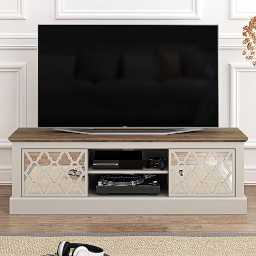 Galano Sufly 2-Door TV Unit – Entertainment Center for TVs up to 55 – TV Stand Cabinet with Large Storage for Living Room – Light Grey/Oak Finish