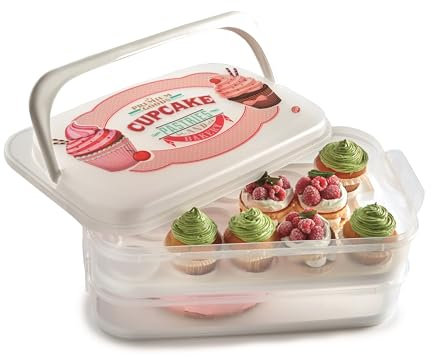 Snips - Porta Cupcake, Muffin e Porta Torta con Coperchio a 2 Contenitori Alimenti Smontabili, 14L - Scatola per 28 Cupcakes, Bignè, Dolcetti e Manico per Trasporto Dolci, Scatole Pasticceria e Feste