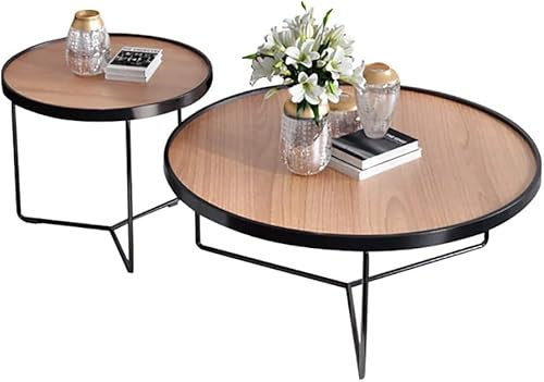 CATANK Tables Basses gigognes industrielles pour Le Salon, Ensemble de 2, Table d'appoint Ronde pour Le Salon, Le Balcon, la Maison et Le Bureau, Bois Massif et Tube en métal (Noyer ?80+?