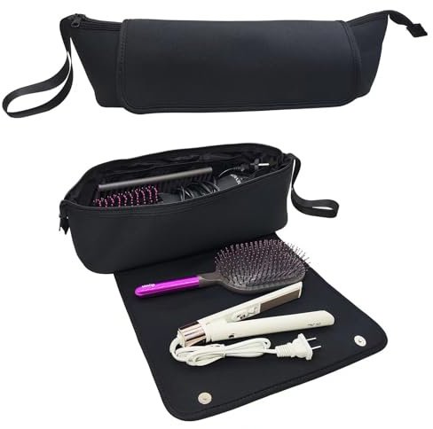 GENCAM Hair Tools Travel Bag, Flat Iron Carrying Case with Interior Pockets, Hair Tools Travel Case and Heat Resistant Mat for Flat Irons, Straighteners, Curling Iron, and Haircare Accessories (Black)