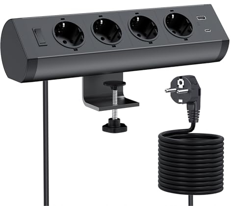 Tischsteckdose mit PD 20W USB C, Dinolink Aluminiumlegierung Steckdosenleiste Schreibtisch mit 2 USB, 4 Fach Mehrfachsteckdose mit Schalter, 3M Kabel, für Zuhause Büro,Schwarz