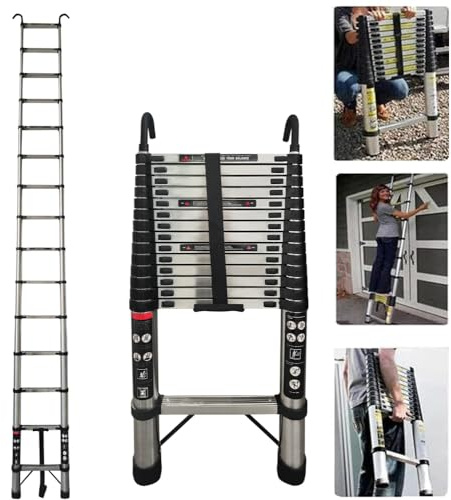 Teleskopleiter mit 2 Haken, 5m Ausziehleiter Mehrzweckleiter Edelstahl Rutschfest 150kg Tragkraft, EN131