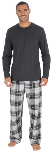 INSIGNIA Mens Jersey Long Sleeve Top With Cotton Flannel Bottoms Pyjamas Sets (UK, Alpha, XXL, Regular, Regular, Charcoal)