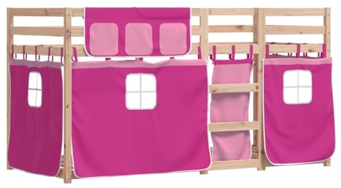 vidaXL Etagenbett, Kinderbett mit Vorhängen Leiter, Hochbett Spielbett für Kinder ab 6 Jahren, Doppel Stockbett Bett, Rosa 90x190cm Massivholz Kiefer