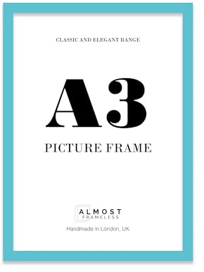 Almost Frameless A3 Turquoise Picture Frame Fits A3 (29.7 x 42cm - 11.7 x 16.5in) Poster, Photo, Artwork, or Print. Thin Edge Slim Frame Portrait and Landscape Display with Wall Hooks