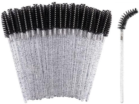 SHUBEIEUMI 50 Pcs Disposable Eyelash Brushes, Disposable Mascara Wands, Eyelash Spoolies Eyebrow, Eyebrow Castor Oil Brush Makeup Tool (Crystal Black)