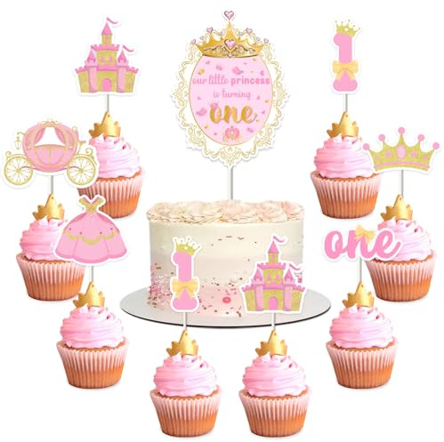 kreat4joy Princess 1st Birthday Party Decorations Girls, Our Little Princess is Turning One Cake Cupcake Toppers Double-sided Printing for Baby Girl Princess 1st Birthday Decorations