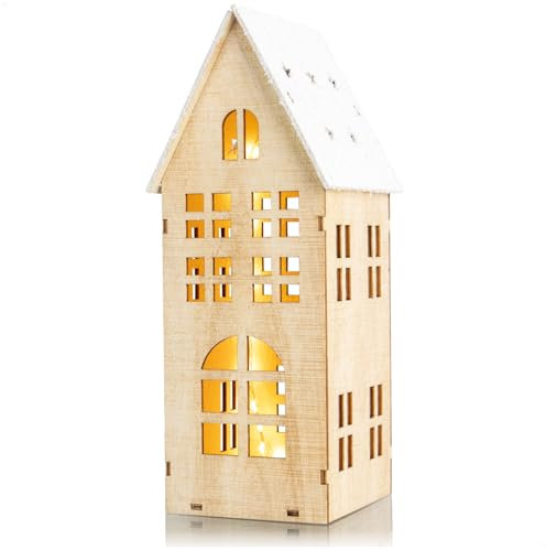 com-four® Beleuchtetes Holzhaus zum Hinstellen mit LED-Lichtern und 6-Stunden-Timer – Weihnachtsdekoration für Tisch oder Fensterbank – Winterliche Holzdekoration (1 Stück - Haus mit Schneedach)