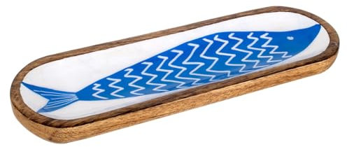Grand Plateau Poisson en Bois de manguier et résine Lavable, Couleur Bleu océan, Longueur 38 cm