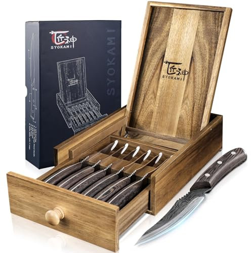 Steak Knives Set of 6 with Drawer Organizer, 4.8 Inch High Carbon Japanese Style Non Serrated Meat Knife with Wood Handle, Damascus Pattern Full Tang Design, Razor-Sharp Dinner Knives