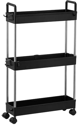 3-Tier Slim Storage Trolley Slide Out Rolling Utility Shelf Rack Storage Cart on Wheels Mobile Shelving Space Organizer for Kitchen/ Bathroom/ Laundry Room/ Office,Plastic & Stainless Steel (S Black)