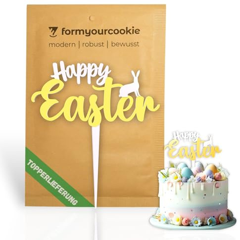 2-farbiger Happy Easter Cake Topper mit 3D-Effekt und angespitztem Stiel für Torten und Kuchen zu Ostern im Frühling (gelb/weiß)