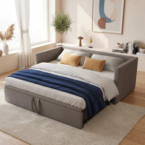 JYCRA Ausziehbett, 90/180 x 200 cm, gepolstertes Bett, Sofa, multifunktionales Bett mit Rückenlehne und Armlehnen, mit Lattenrosten aus Samt, Matratze nicht im Lieferumfang enthalten, Grau